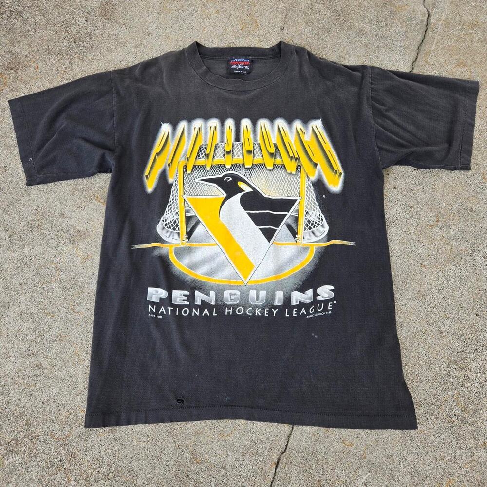 Vtg 90s MAGIC JOHNSON TEES Pittsburgh Penguins Hockey Net Graphic NHL T Shirt XL